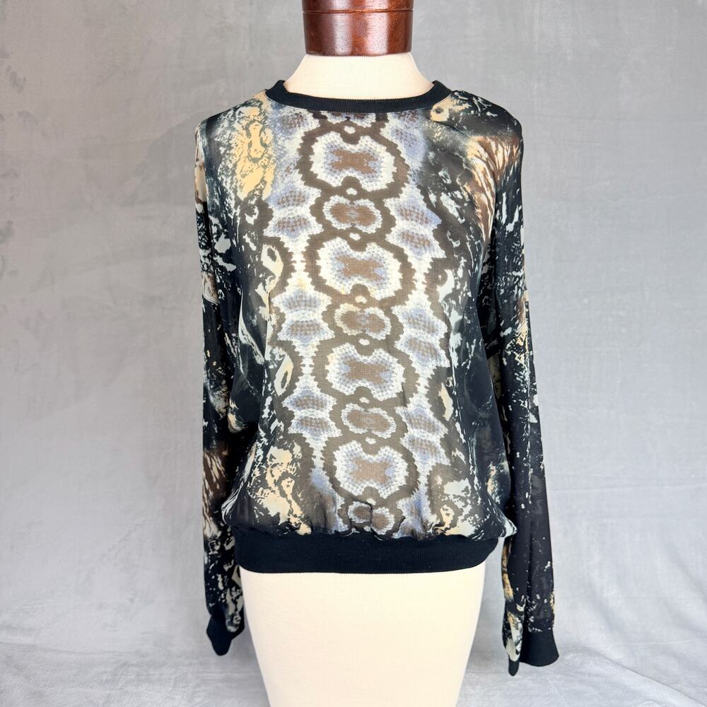 Cabi Woman Med Blouse Sheer Chiffon Python Print Ribbed Bottom - Picture 11 of 11